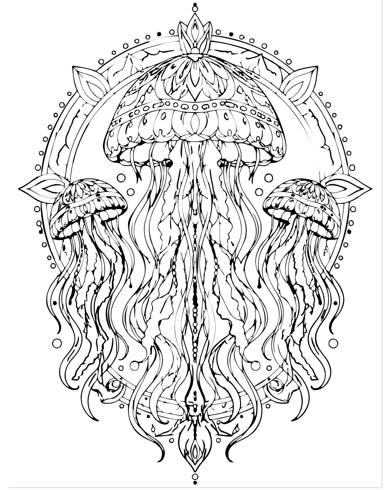 Printable jellyfish mandala line art — Jellyfish coloring page