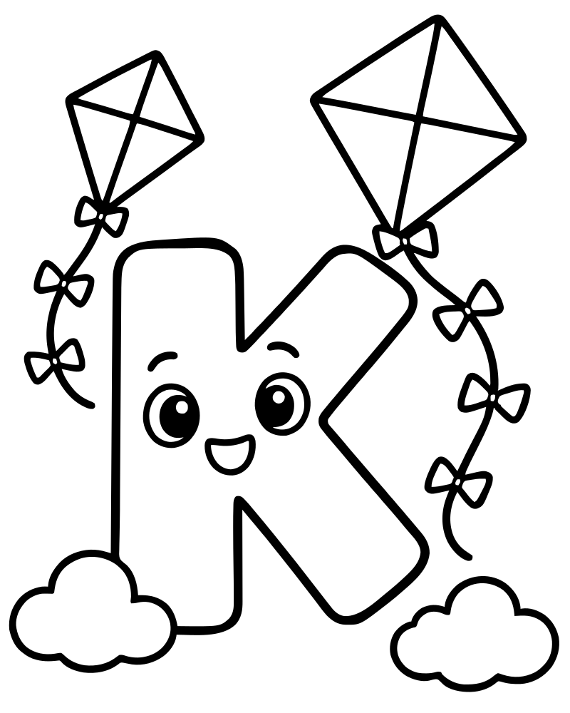 Letter K Kites — free printable Letter coloring page for kids