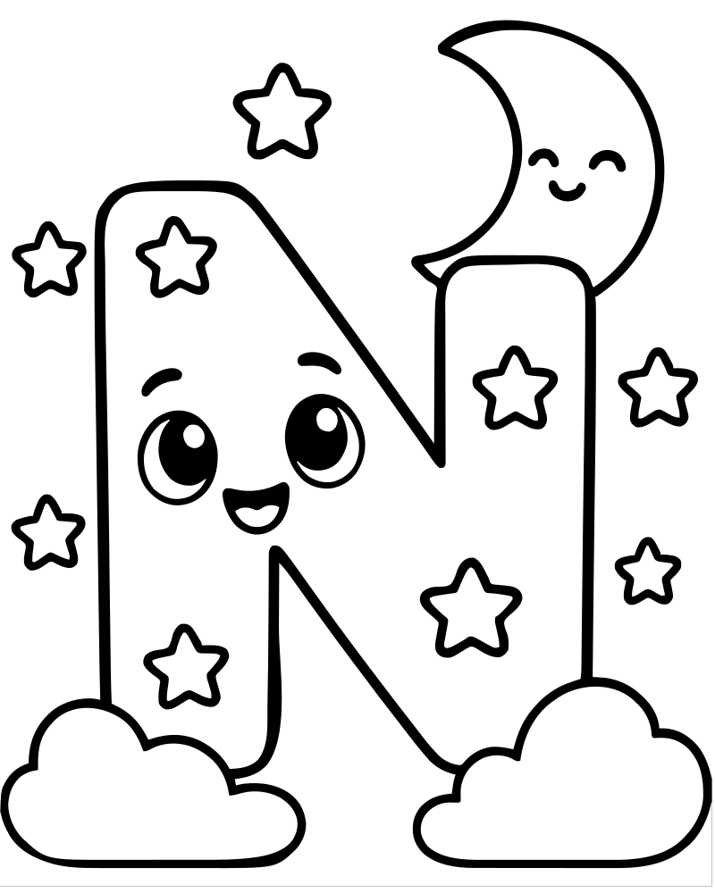 Letter N Night Sky — Letter coloring page to print for children