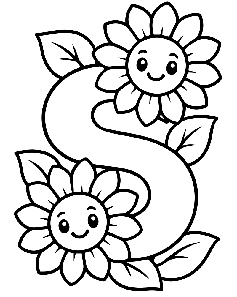 Letter S Sunflowers — Letter coloring page to print for children