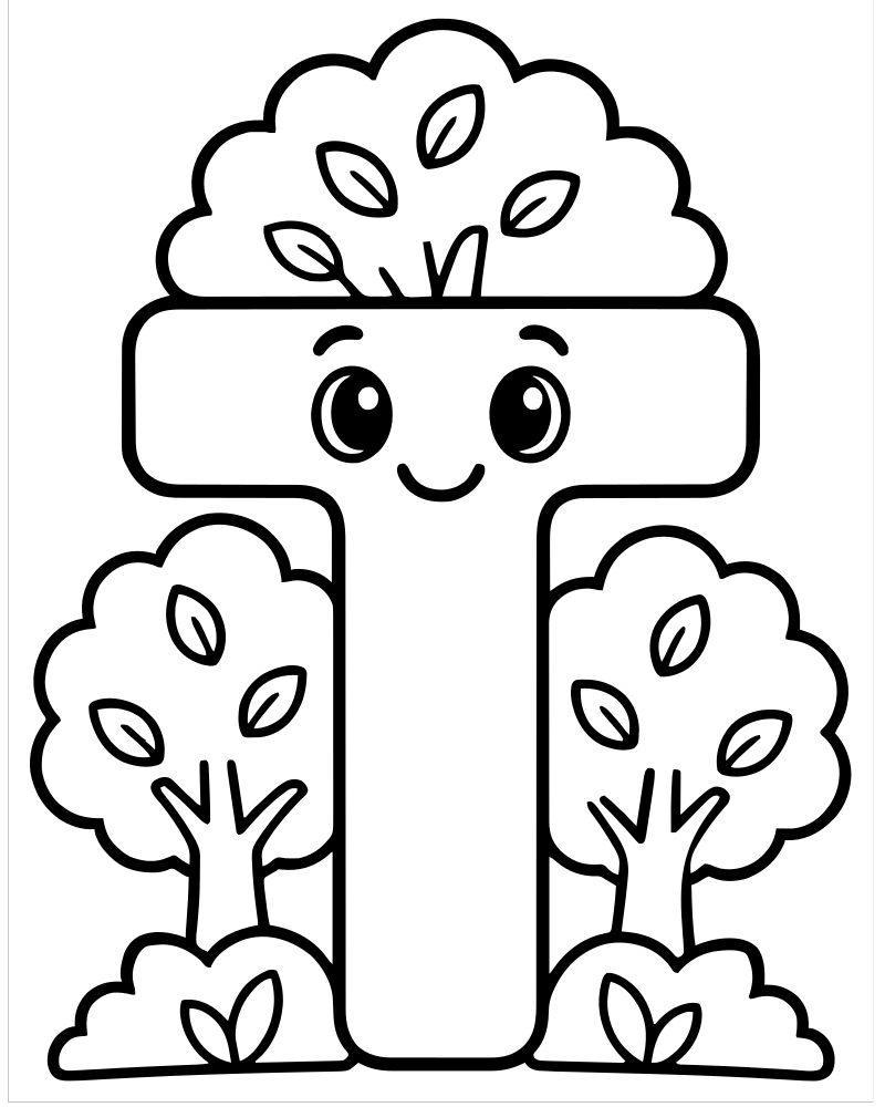 Printable letter t trees line art — Letter coloring page