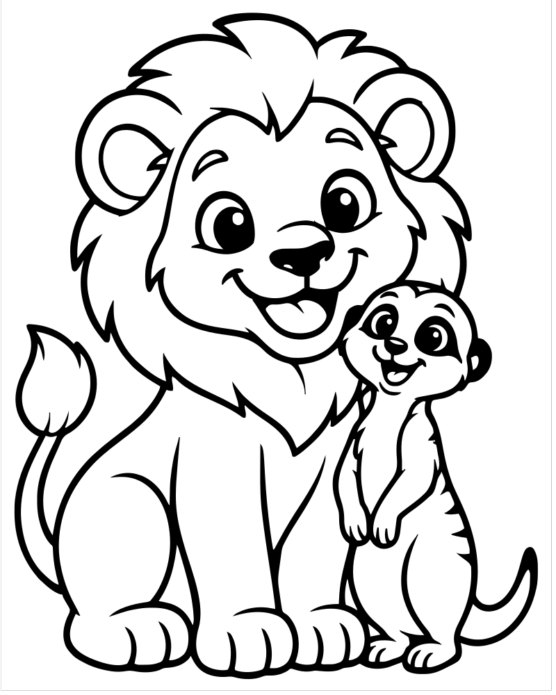 Lion and Meerkat Friends picture to color — Lion coloring page for kids