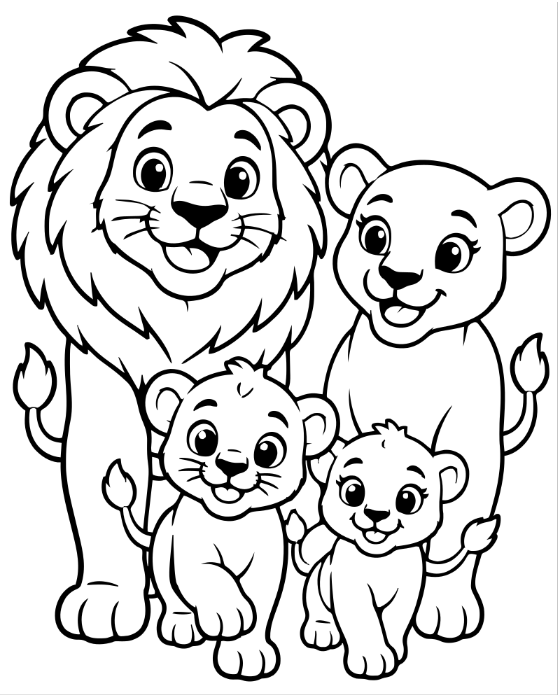Printable lion family walk line art — Lion coloring page