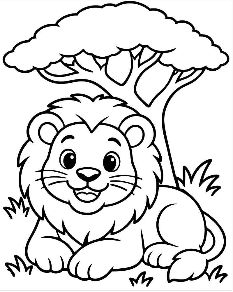 Printable lion under the acacia tree line art — Lion coloring page