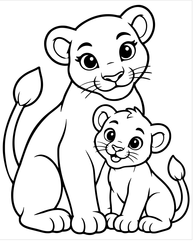 Lioness and Cub picture to color — Lion coloring page for kids