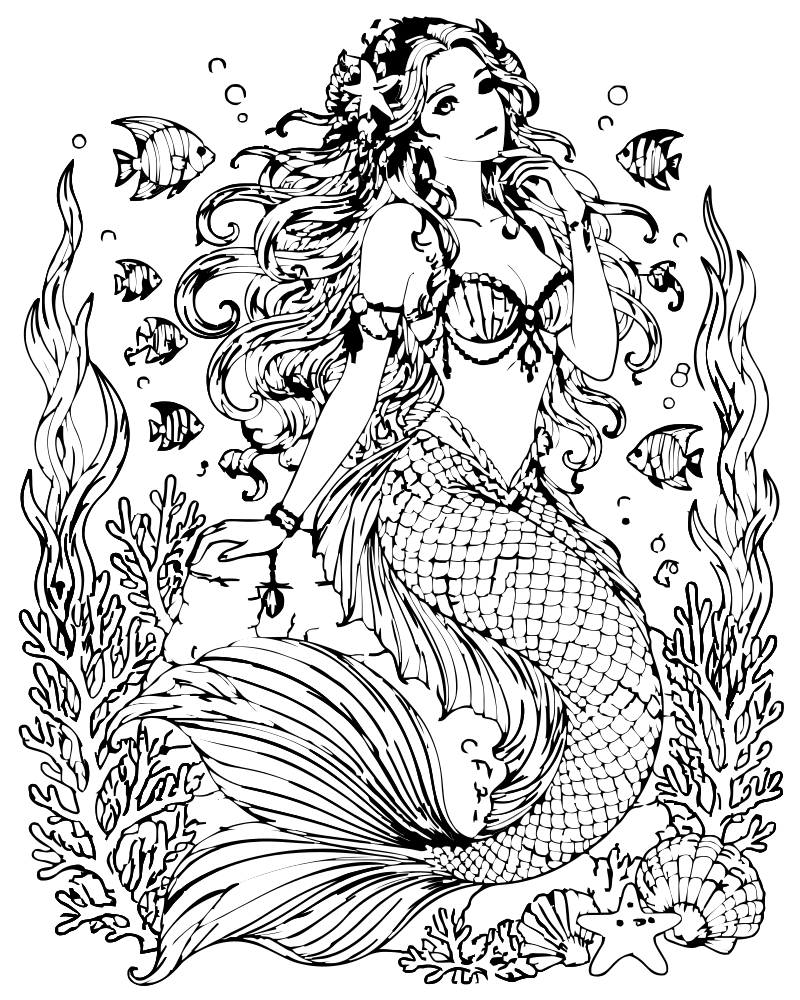 Deep Sea Mermaid for Adults — printable Mermaid coloring sheet for preschoolers