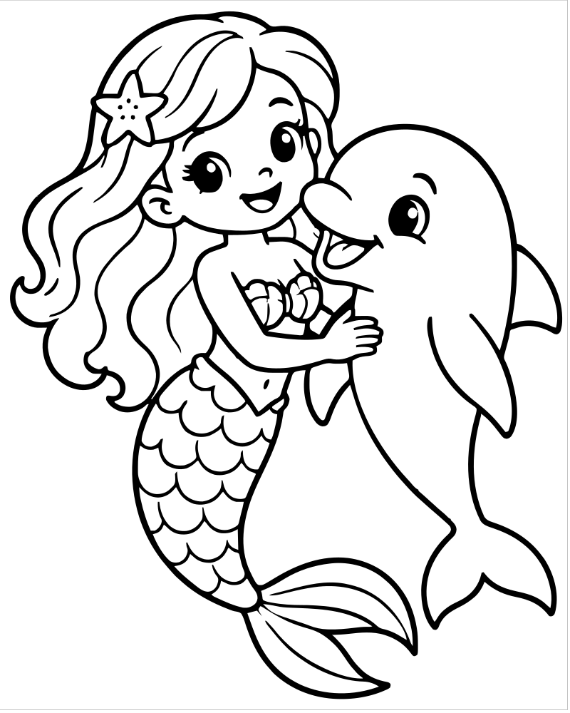 Printable mermaid and dolphin line art — Mermaid coloring page