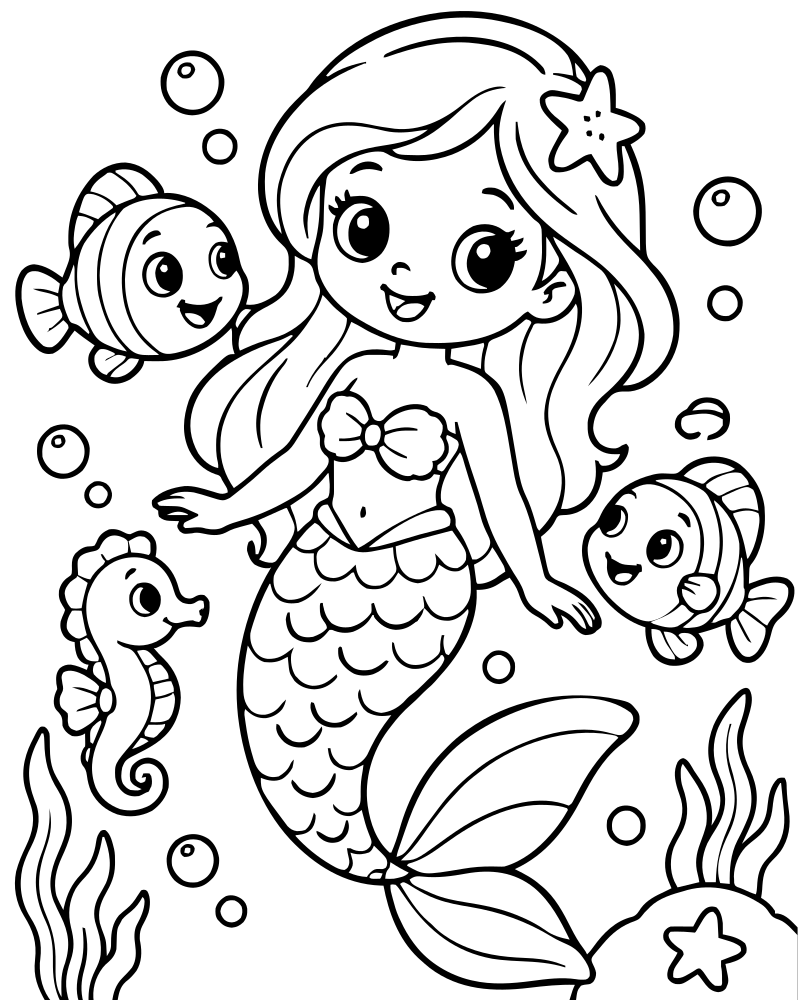 Mermaid and Fish Friends — Mermaid coloring page to print for children