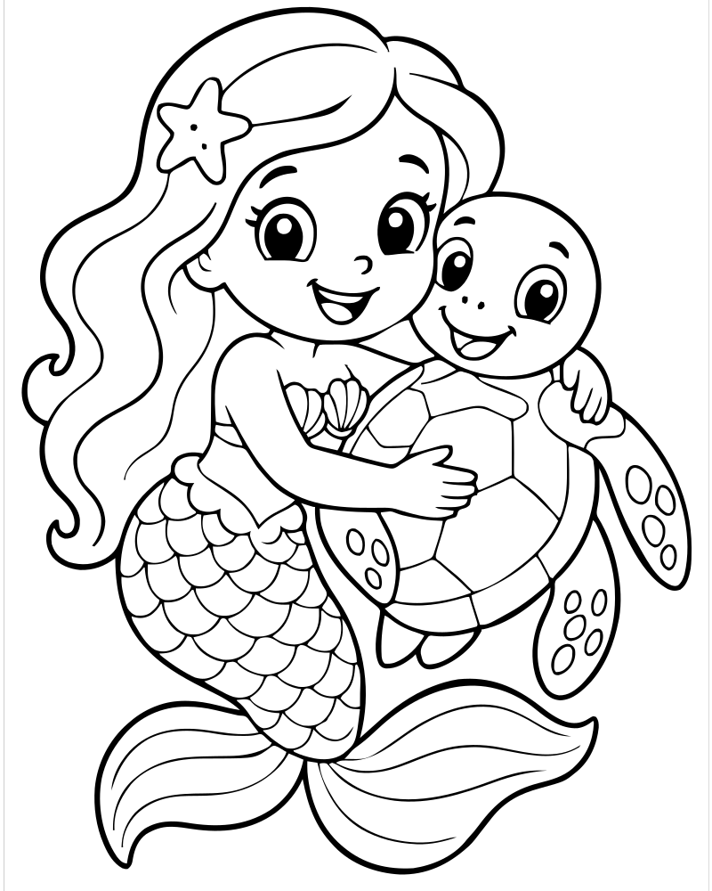 Mermaid and Sea Turtle — Mermaid coloring page to print for children