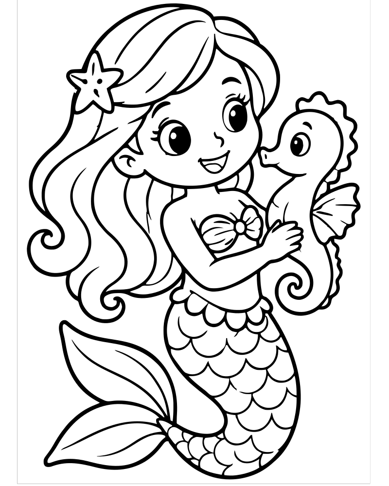 Mermaid and Seahorse — free printable Mermaid coloring page for kids