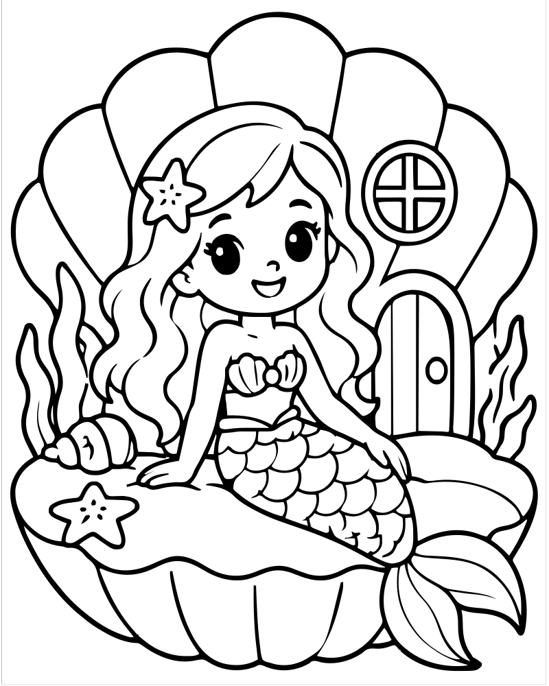 Mermaid and Seashell Home picture to color — Mermaid coloring page for kids