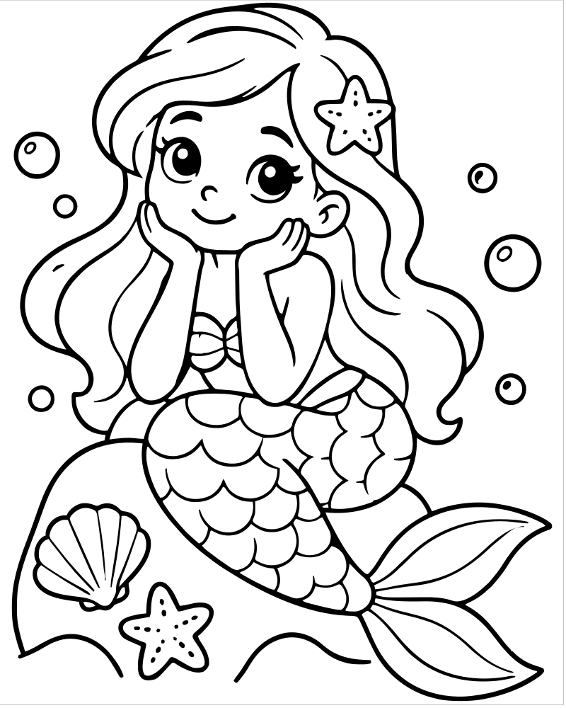 Printable mermaid daydream line art — Mermaid coloring page