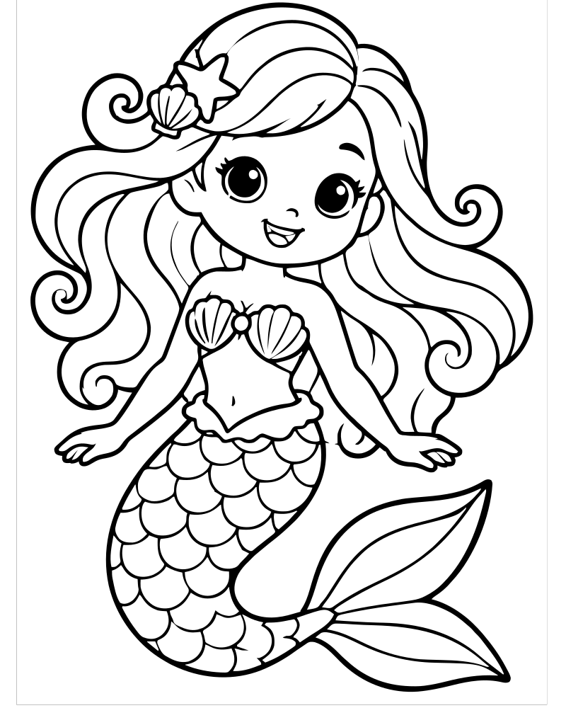 Mermaid Hair Swirls — Mermaid coloring page to print for children