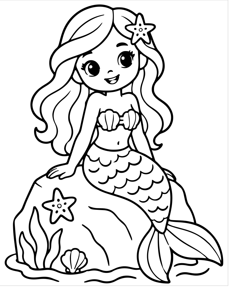 Mermaid on a Rock — free printable Mermaid coloring page for kids