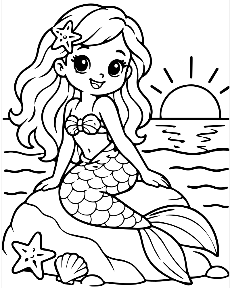 Printable mermaid sunset line art — Mermaid coloring page