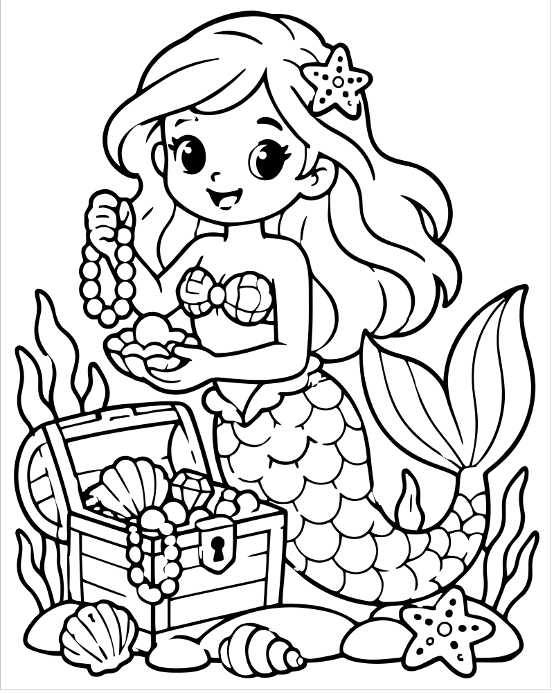 Mermaid Treasure picture to color — Mermaid coloring page for kids