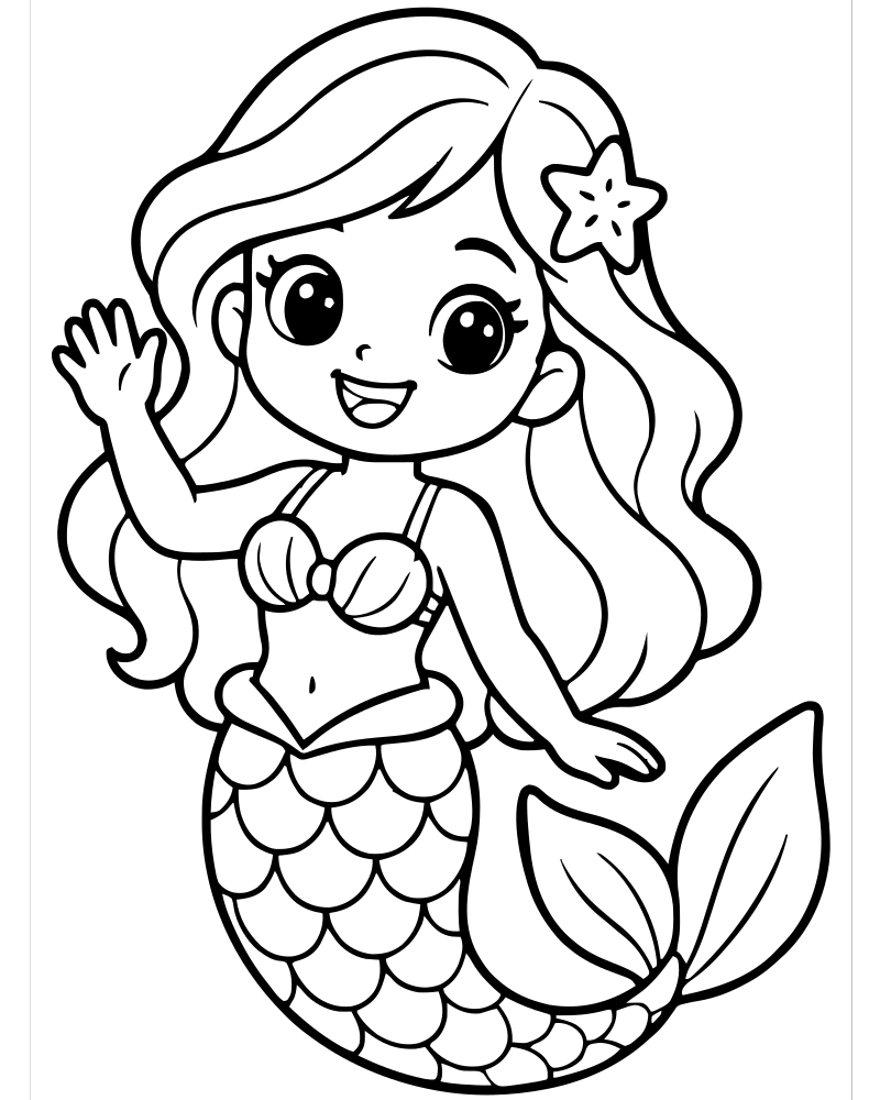 Printable mermaid waving line art — Mermaid coloring page