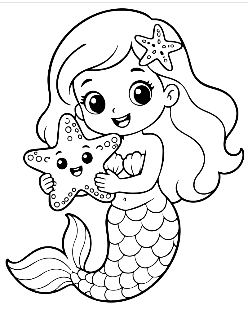 Mermaid with Starfish — printable Mermaid coloring sheet for preschoolers