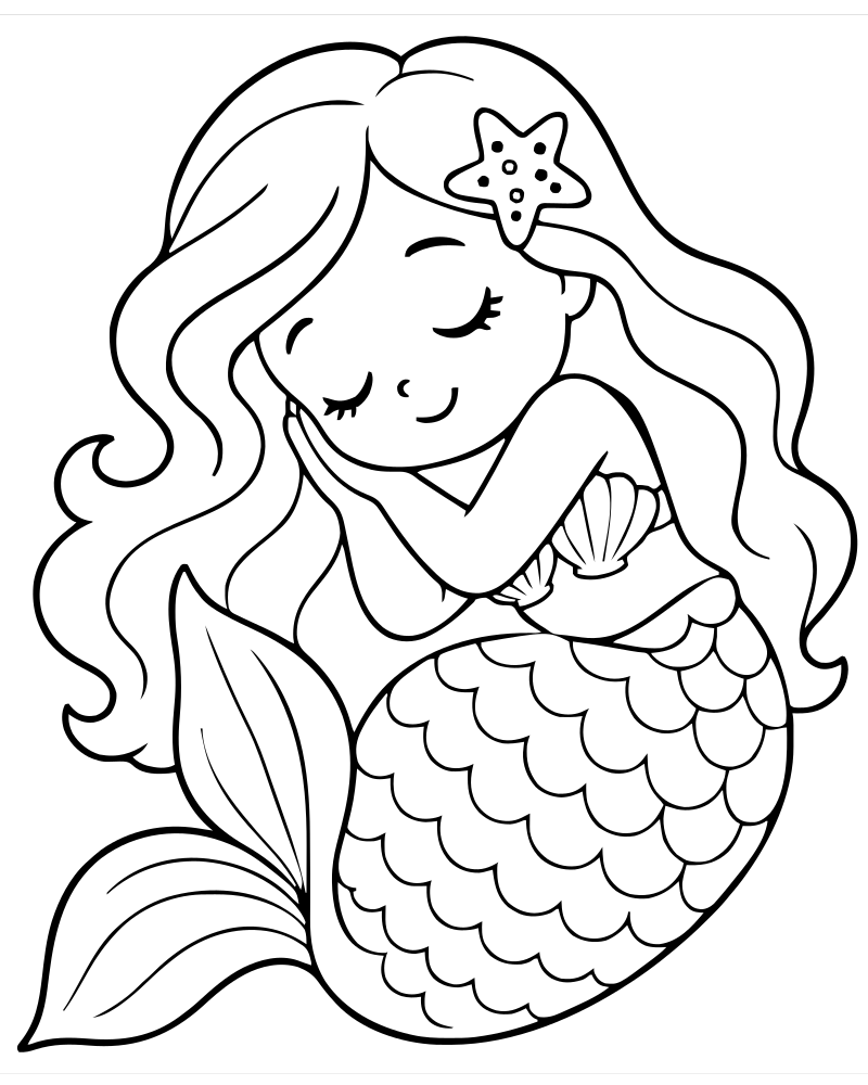 Sleepy Mermaid — Mermaid coloring page to print for children