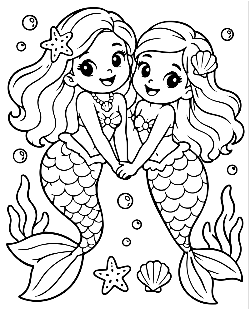 Two Mermaid Friends — free printable Mermaid coloring page for kids