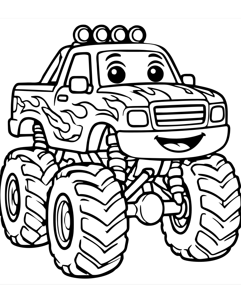 Printable monster truck with flames line art — Monster Truck coloring page