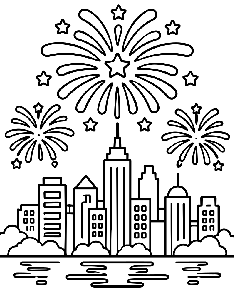 Fireworks and City Skyline — New Years coloring page to print for children