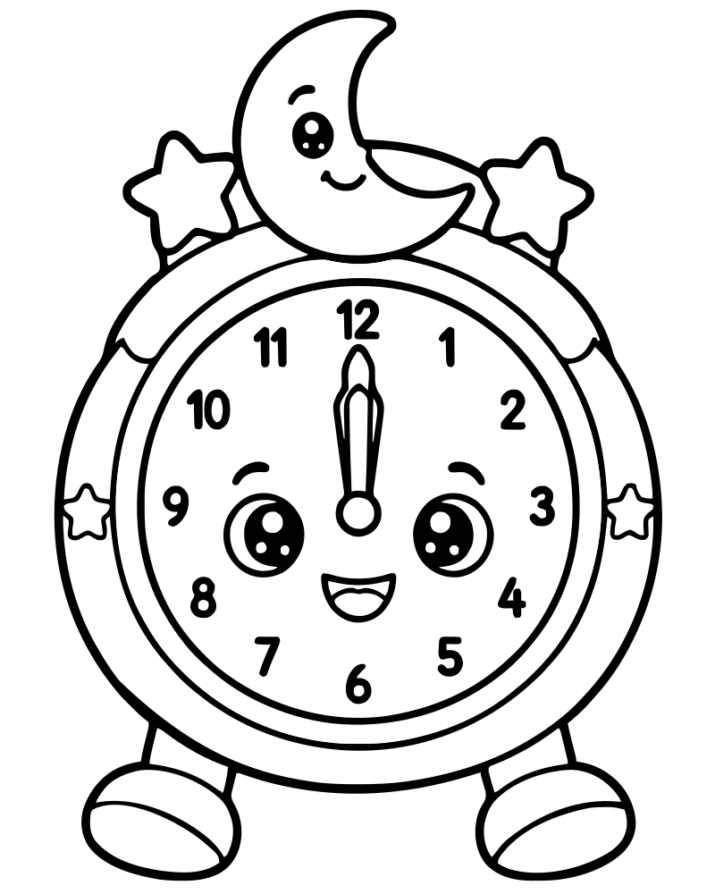 Midnight Clock picture to color — New Years coloring page for kids