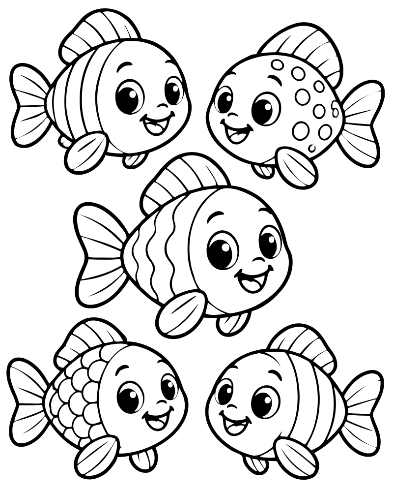 Five Little Fish picture to color — Number coloring page for kids