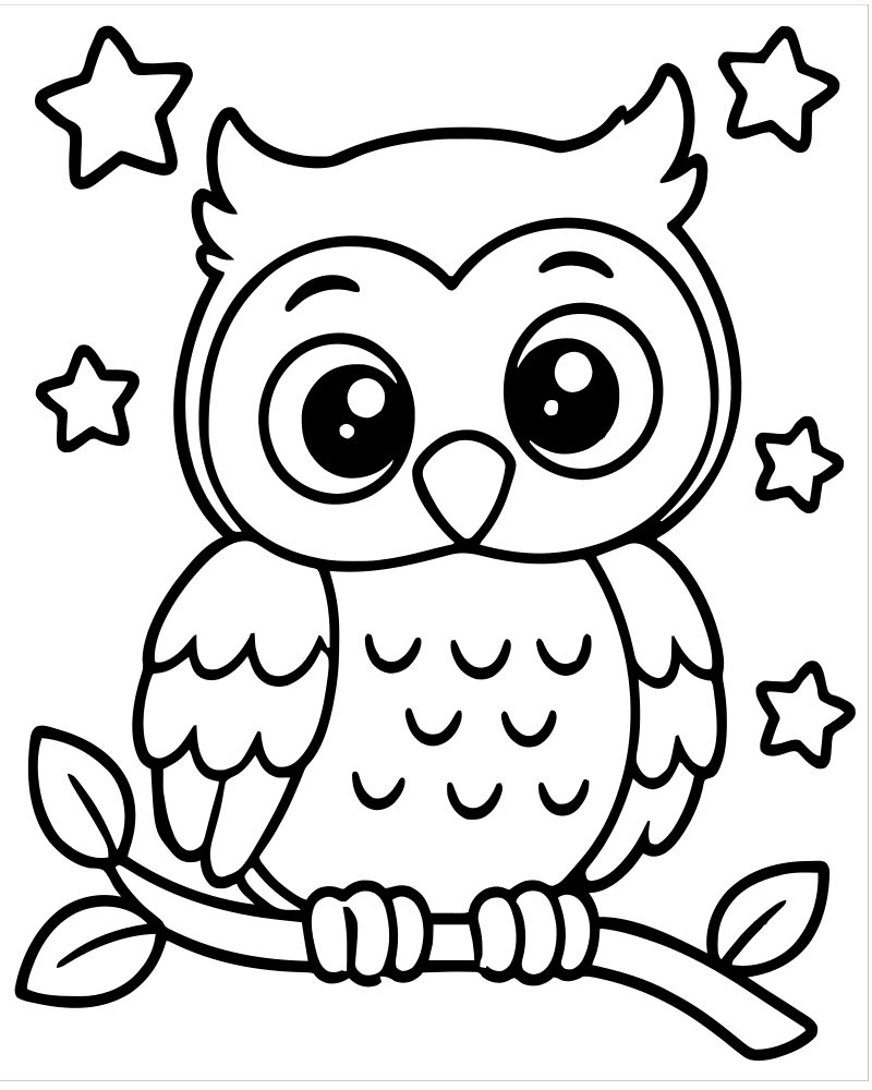 Owl and Stars — Owl coloring page to print for children
