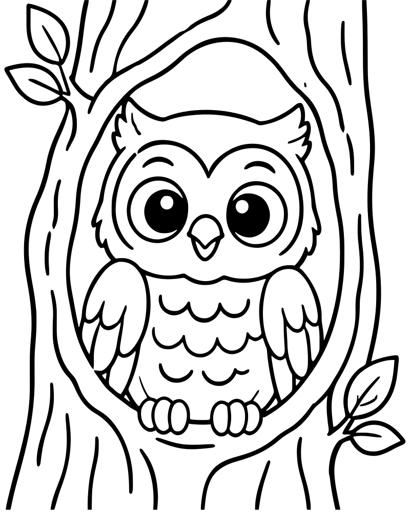 Owl in a Tree Hollow — Owl coloring page to print for children