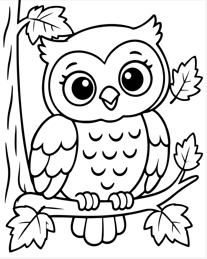 Printable owl in autumn tree line art — Owl coloring page