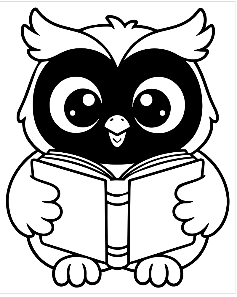 Printable owl with a book line art — Owl coloring page
