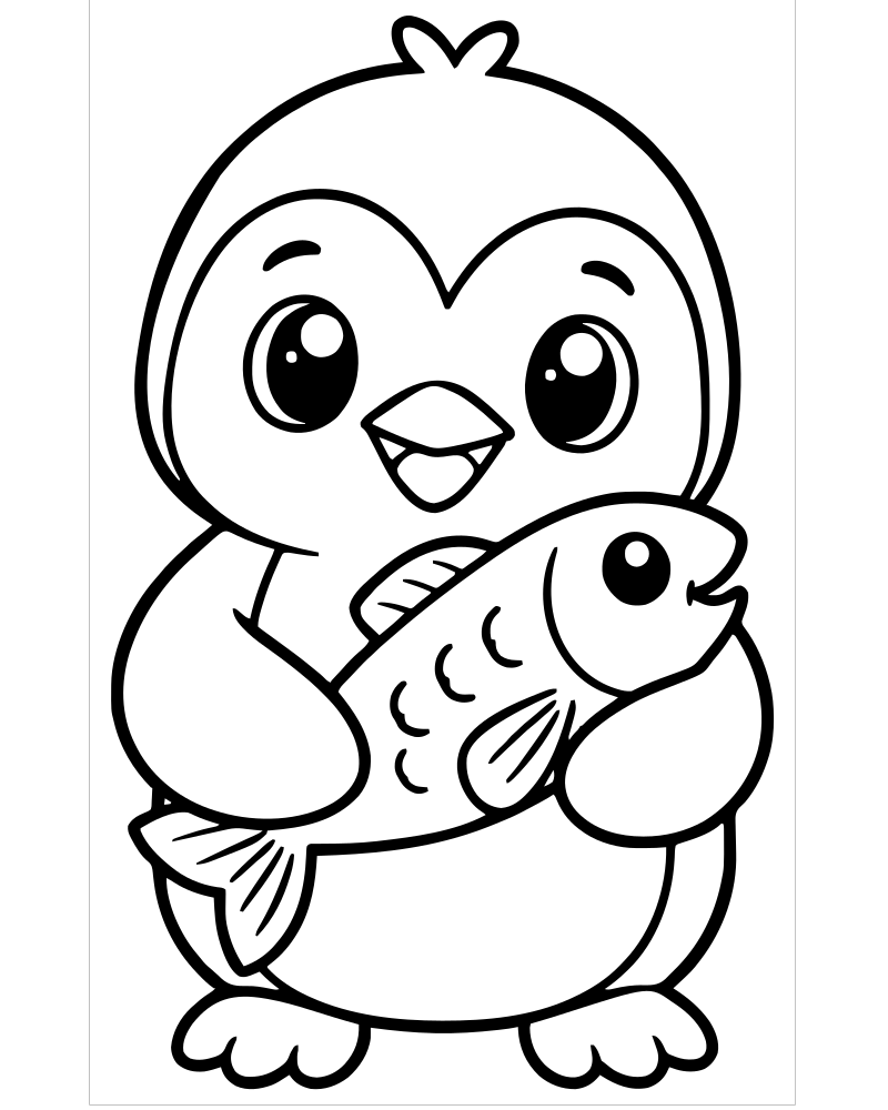 Penguin and Fish picture to color — Penguin coloring page for kids