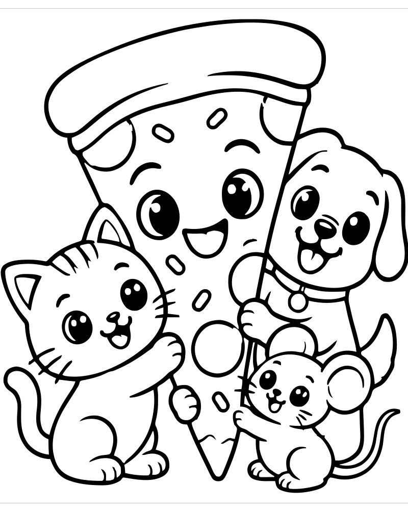 Pizza and Friends picture to color — Pizza coloring page for kids