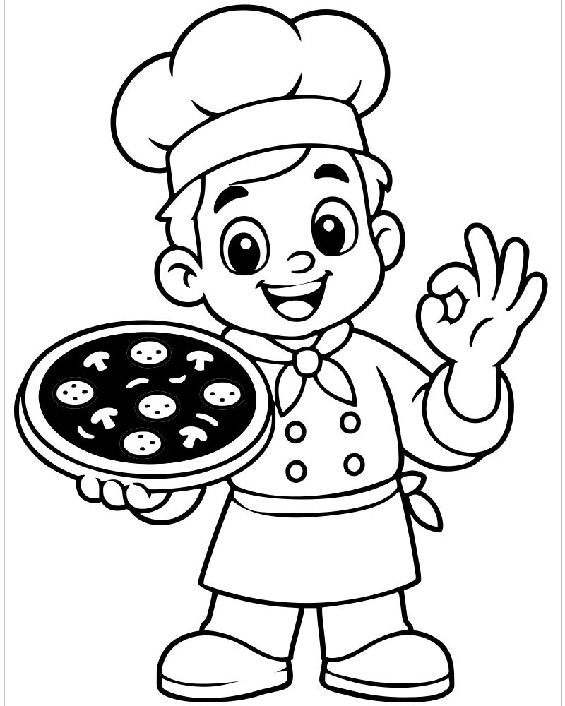 Printable pizza chef line art — Pizza coloring page