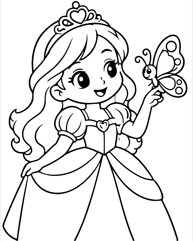 Printable princess and butterfly line art — Princess coloring page