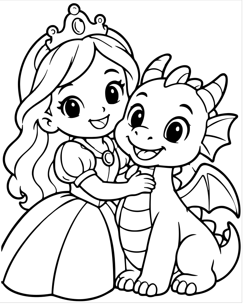 Princess and Dragon Friends picture to color — Princess coloring page for kids