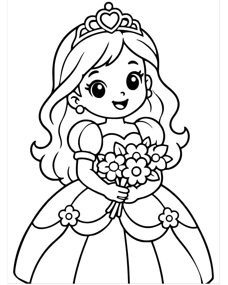 Printable princess and flowers line art — Princess coloring page