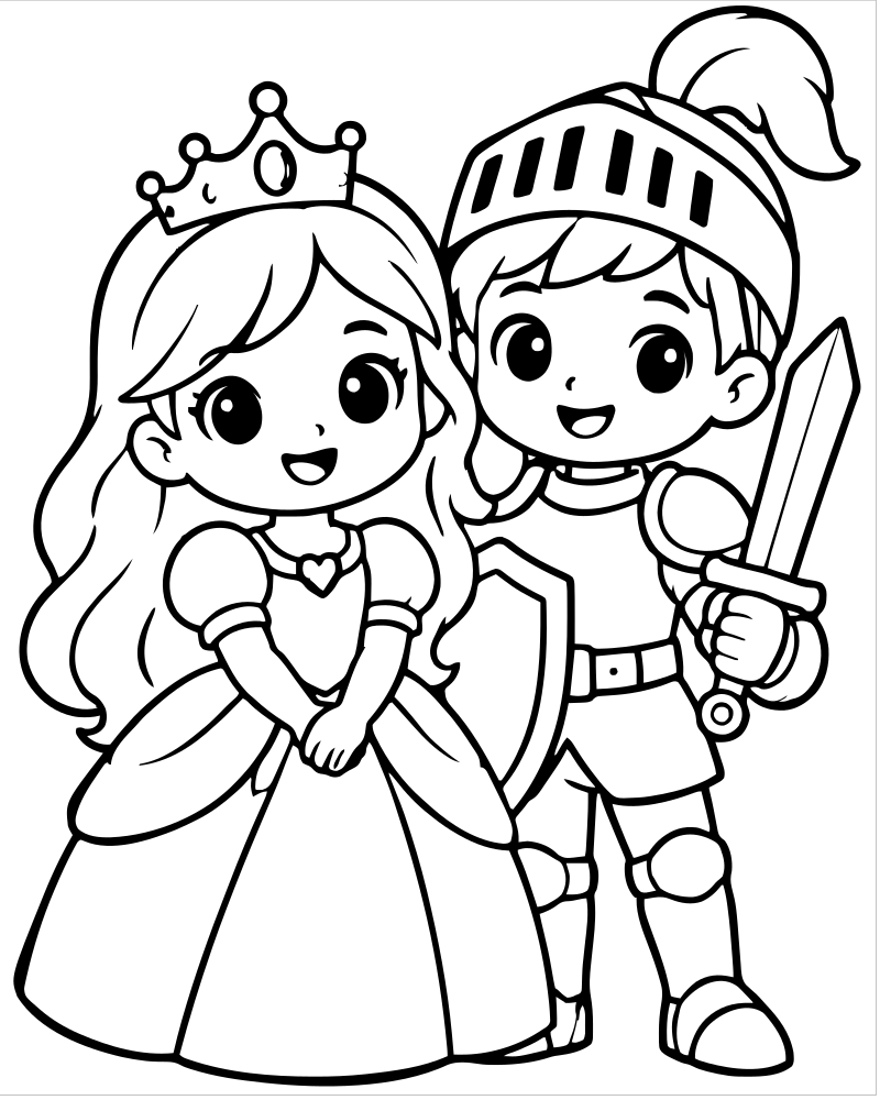 Printable princess and knight friends line art — Princess coloring page
