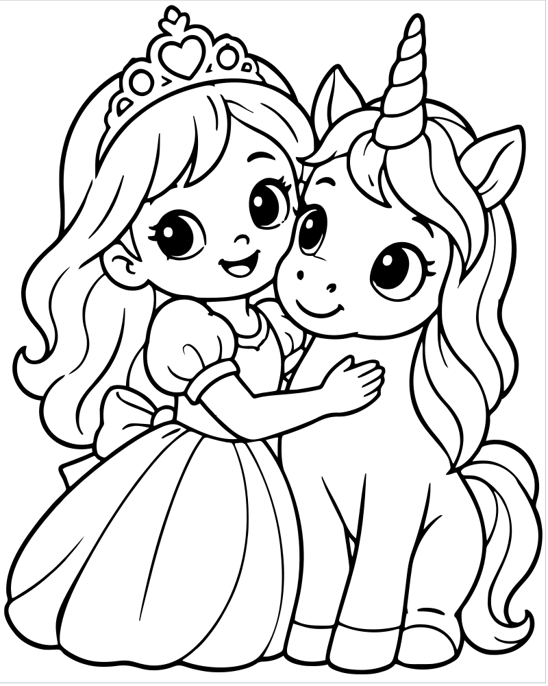 Princess and Unicorn Friends — printable Princess coloring sheet for preschoolers