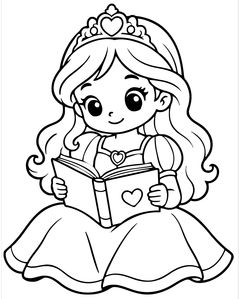 Princess Reading a Book — Princess coloring page to print for children