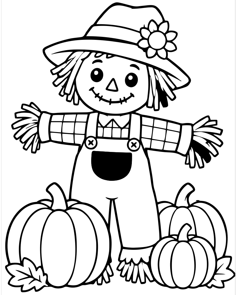 Scarecrow and Pumpkins — free printable Pumpkin coloring page for kids