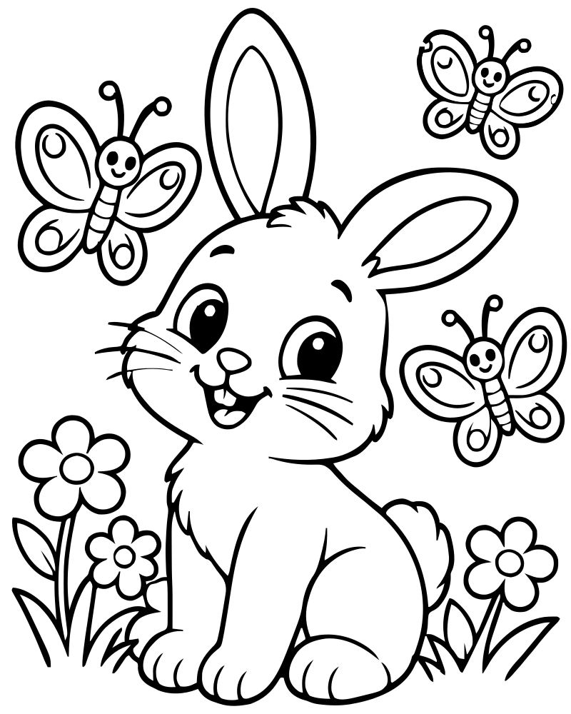Printable rabbit and butterflies line art — Rabbit coloring page