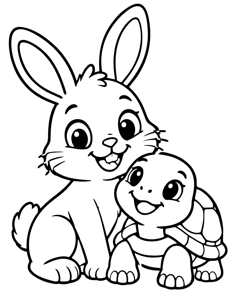 Rabbit and Tortoise Friends — free printable Rabbit coloring page for kids