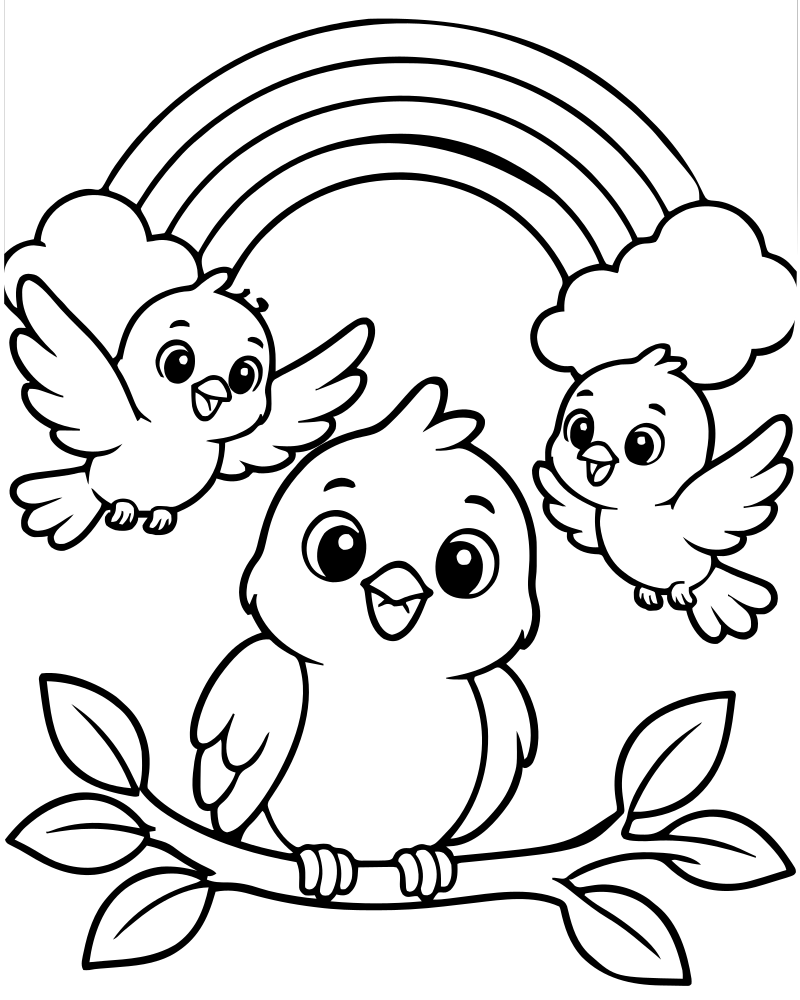 Rainbow and Birds — free printable Rainbow coloring page for kids