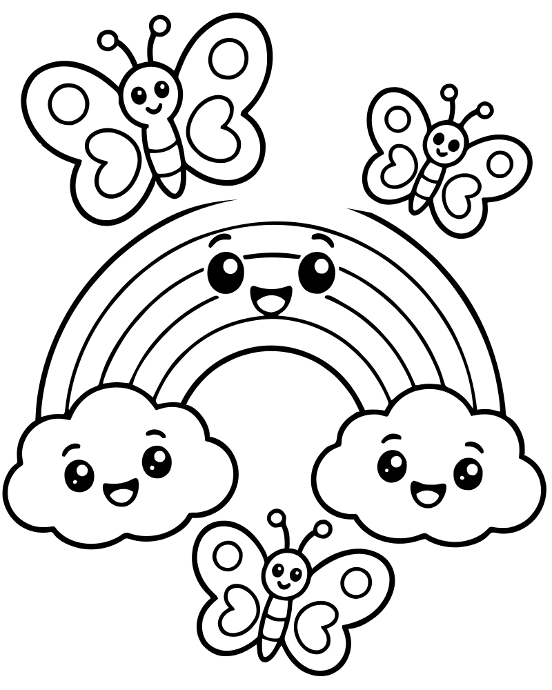 Printable rainbow and butterflies line art — Rainbow coloring page