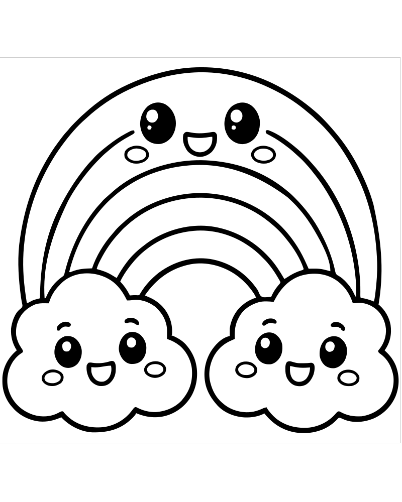 Printable rainbow and cloud friends line art — Rainbow coloring page