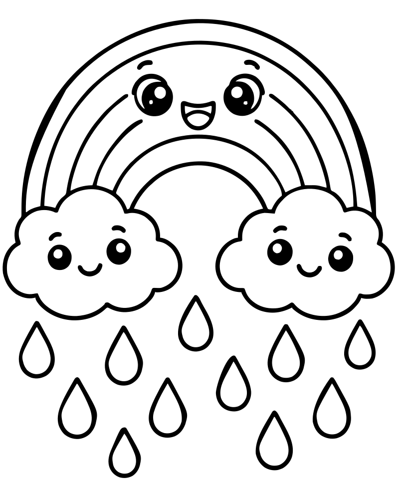 Printable rainbow and raindrops line art — Rainbow coloring page