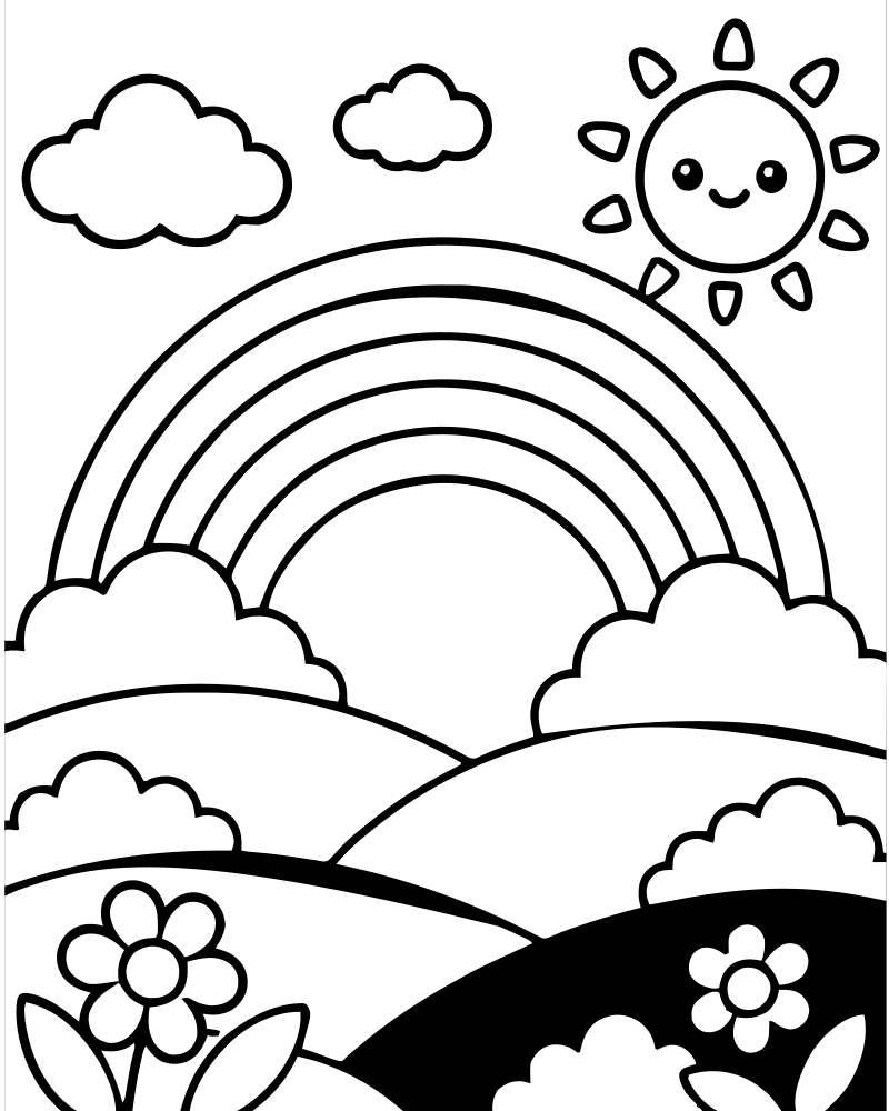 Rainbow Over Hills — free printable Rainbow coloring page for kids