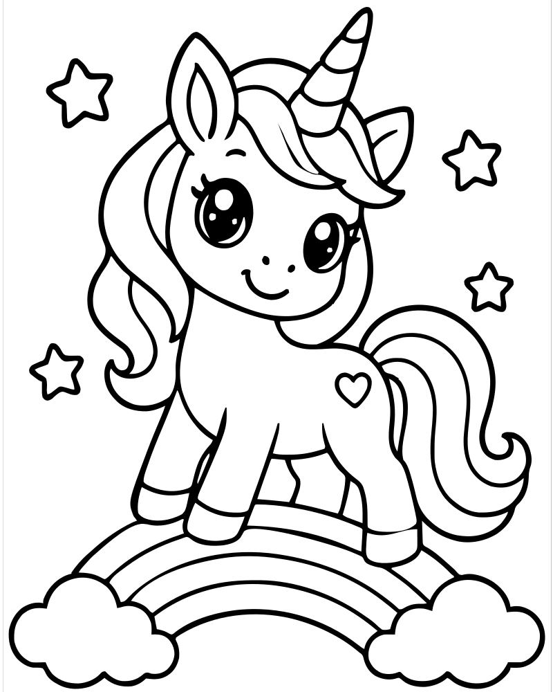 Unicorn Over the Rainbow picture to color — Rainbow coloring page for kids